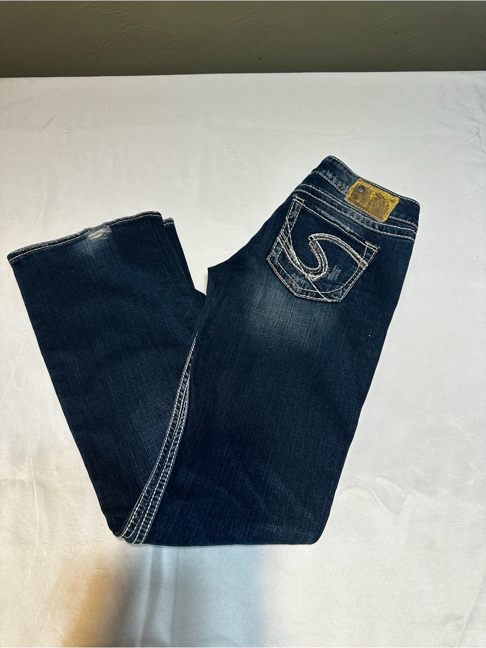 Silver twisted Jeans Boot Cut Jeans with Embroidered Back Pocket W28 L 33